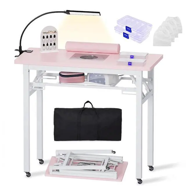Main image of Portable Foldable Manicure Table with Dust Collector, Rolling Nail Tech Desk with LED Lamp, Wrist Rest, Lockable Wheels & Carrying Case for Home Salon, Travel & Mobile Nail Techs (Pink)