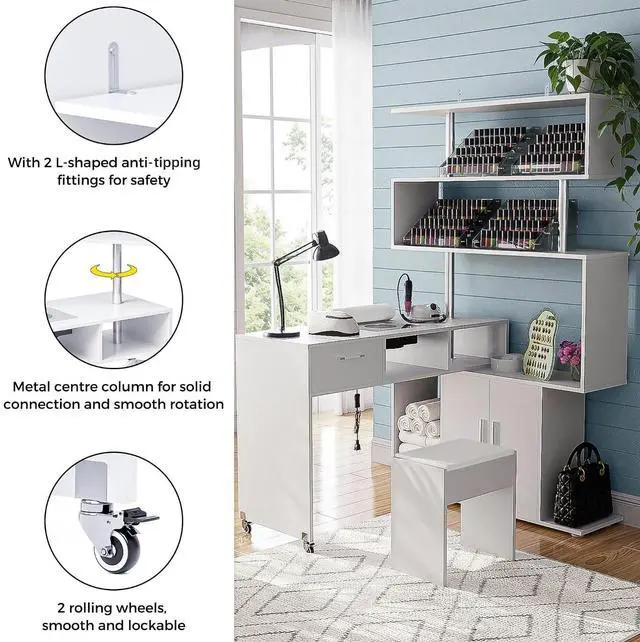 Alt view image 7 of 7 - Manicure Table Nail Desk with Dust Collector, L-Shaped Nail Tech Desk with Stool, Two-Way Drawer, Cabinet & Storage Shelves, Rotating Reversible Manicure Workstation on Wheels (White)