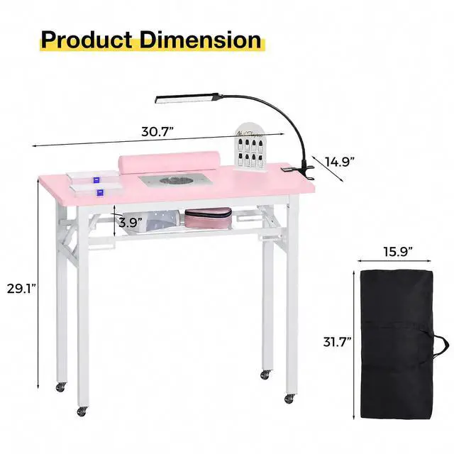 Alt view image 3 of 7 - Portable Foldable Manicure Table with Dust Collector, Rolling Nail Tech Desk with LED Lamp, Wrist Rest, Lockable Wheels & Carrying Case for Home Salon, Travel & Mobile Nail Techs (Pink)
