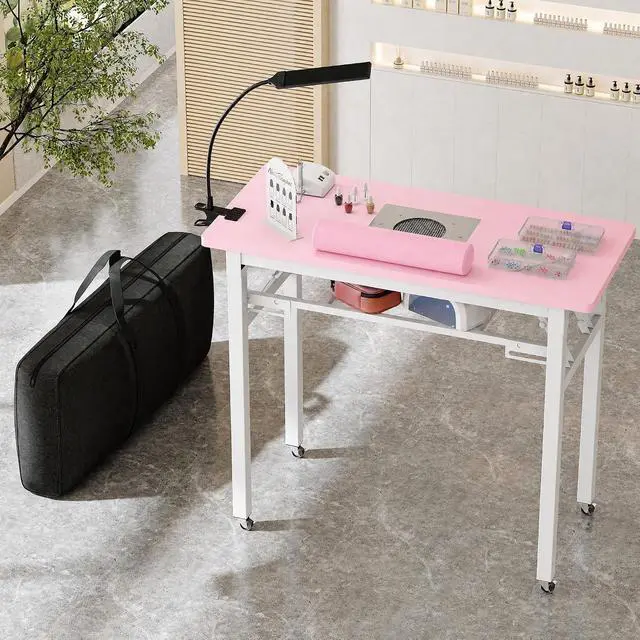 Alt view image 2 of 7 - Portable Foldable Manicure Table with Dust Collector, Rolling Nail Tech Desk with LED Lamp, Wrist Rest, Lockable Wheels & Carrying Case for Home Salon, Travel & Mobile Nail Techs (Pink)