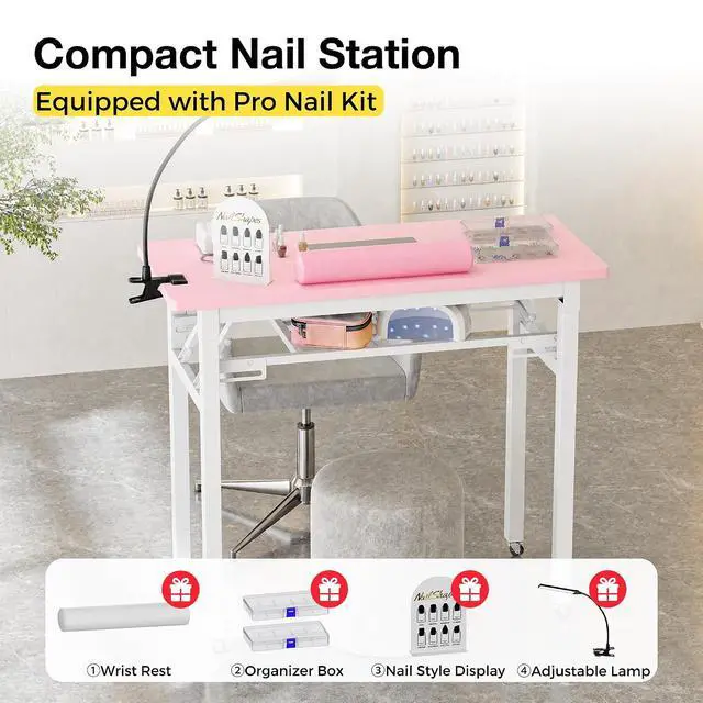 Alt view image 4 of 7 - Portable Foldable Manicure Table with Dust Collector, Rolling Nail Tech Desk with LED Lamp, Wrist Rest, Lockable Wheels & Carrying Case for Home Salon, Travel & Mobile Nail Techs (Pink)
