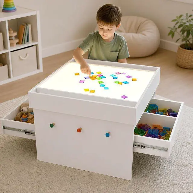Main image of Kids Light Box, LED Sensory Activity Table w/ 2 Drawers & 140 Transparent Blocks, RGB Color Changing Play Desk w/ Remote Control, Montessori Learning Furniture for Preschool Classroom Playroom, White
