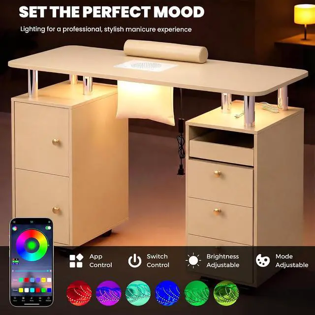 Alt view image 5 of 7 - Nail Desk for Nail Tech w/Electric Dust Collector, Rolling Manicure Table w/ Lockable Wheels, Storage Drawers, Wrist Cushion, Acetone Resistant, for Beauty Salon Workstation (Champagne+Gold Handle)