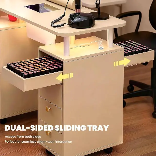 Alt view image 6 of 7 - Nail Desk for Nail Tech w/Electric Dust Collector, Rolling Manicure Table w/ Lockable Wheels, Storage Drawers, Wrist Cushion, Acetone Resistant, for Beauty Salon Workstation (Champagne+Gold Handle)
