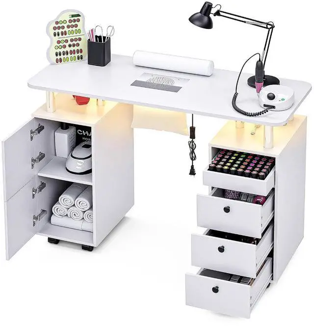 Main image of Nail Desk for Nail Tech w/Electric Dust Collector, Rolling Manicure Table w/Lockable Wheels, Storage Drawers, Wrist Cushion, Acetone Resistant, for Nail Beauty Salon Workstation (White)