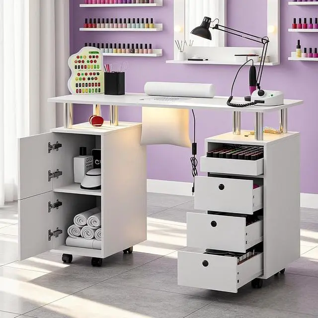 Alt view image 2 of 7 - Nail Desk for Nail Tech w/Electric Dust Collector, Rolling Manicure Table w/Lockable Wheels, Storage Drawers, Wrist Cushion, Acetone Resistant, for Nail Beauty Salon Workstation (White)