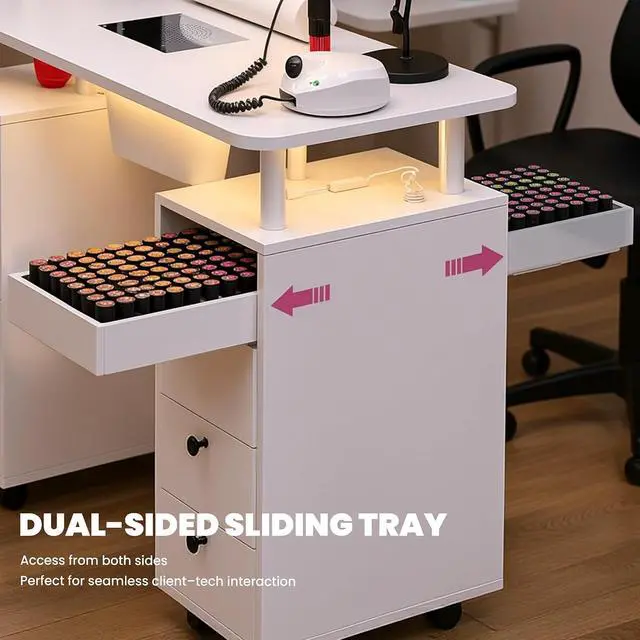 Alt view image 6 of 7 - Nail Desk for Nail Tech w/Electric Dust Collector, Rolling Manicure Table w/Lockable Wheels, Storage Drawers, Wrist Cushion, Acetone Resistant, for Nail Beauty Salon Workstation (White)