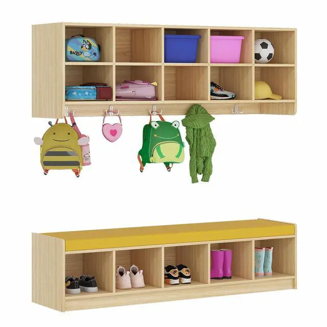 Main image of Set Wall Cubbies 10 Section with Hooks and PU Cushion Shoe Storage Bench, Hanging Wall Mount Wooden Classroom Cubbies, Daycare Shelves for Home, School, Nursery, Kindergarten