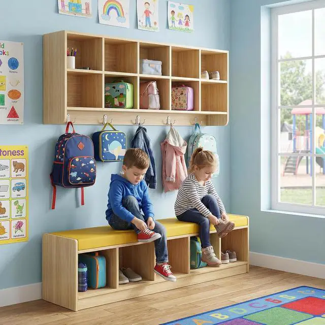 Alt view image 2 of 7 - Set Wall Cubbies 10 Section with Hooks and PU Cushion Shoe Storage Bench, Hanging Wall Mount Wooden Classroom Cubbies, Daycare Shelves for Home, School, Nursery, Kindergarten