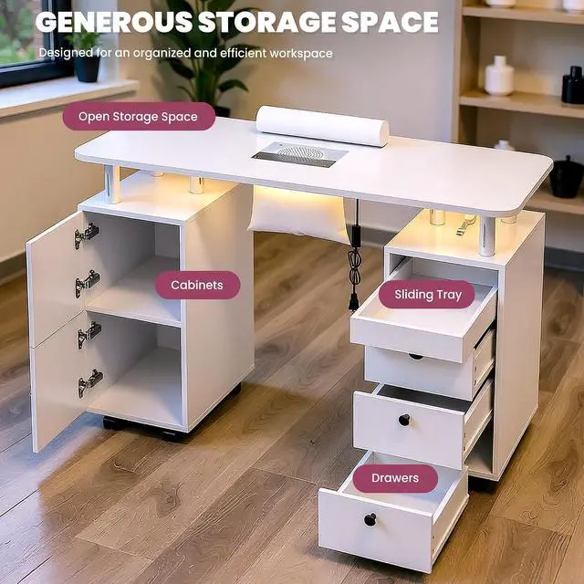 Alt view image 7 of 7 - Nail Desk for Nail Tech w/Electric Dust Collector, Rolling Manicure Table w/Lockable Wheels, Storage Drawers, Wrist Cushion, Acetone Resistant, for Nail Beauty Salon Workstation (White)
