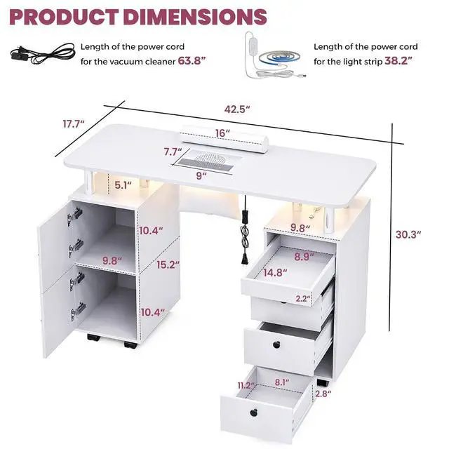 Alt view image 3 of 7 - Nail Desk for Nail Tech w/Electric Dust Collector, Rolling Manicure Table w/Lockable Wheels, Storage Drawers, Wrist Cushion, Acetone Resistant, for Nail Beauty Salon Workstation (White)