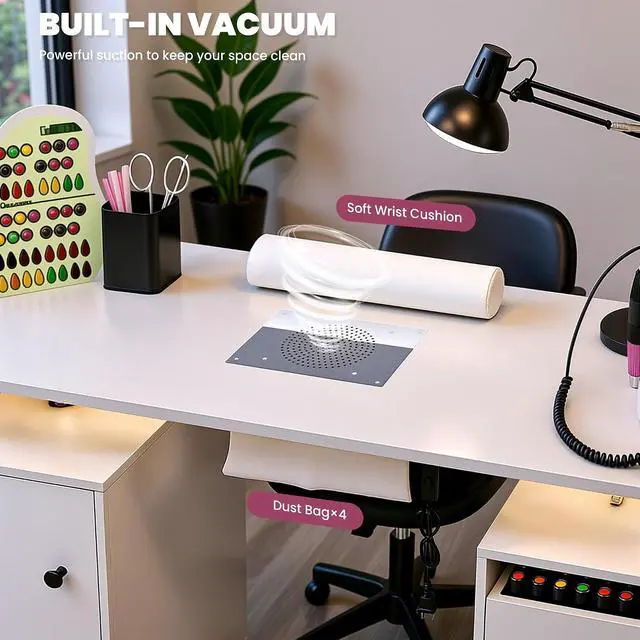 Alt view image 4 of 7 - Nail Desk for Nail Tech w/Electric Dust Collector, Rolling Manicure Table w/Lockable Wheels, Storage Drawers, Wrist Cushion, Acetone Resistant, for Nail Beauty Salon Workstation (White)