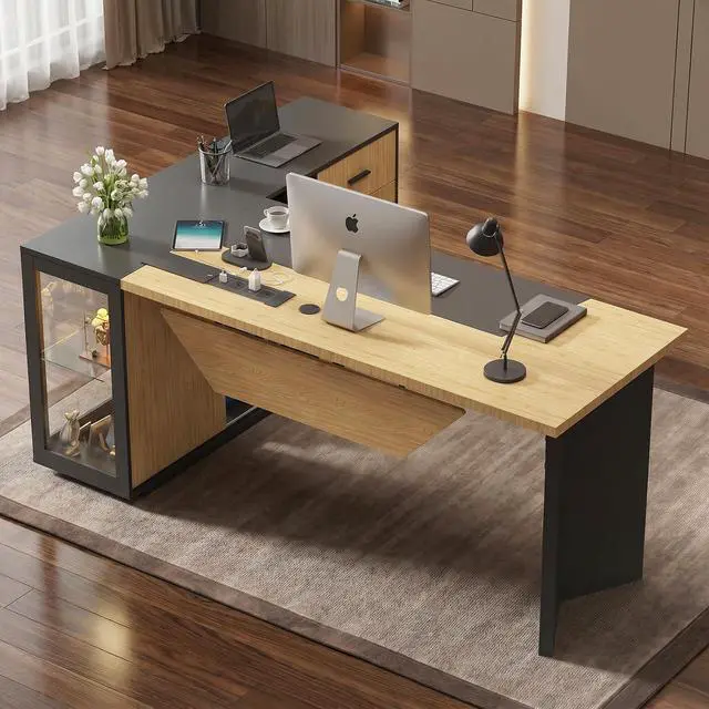 Alt view image 5 of 7 - 74.4" L-Shaped Executive Desk w/ Power Outlets & Glass Display Cabinet, Large Office Desk w/ 3 Drawers & File Cabinet, Corner Computer Desk Business Workstation for Home Office (Black + Light Wood)