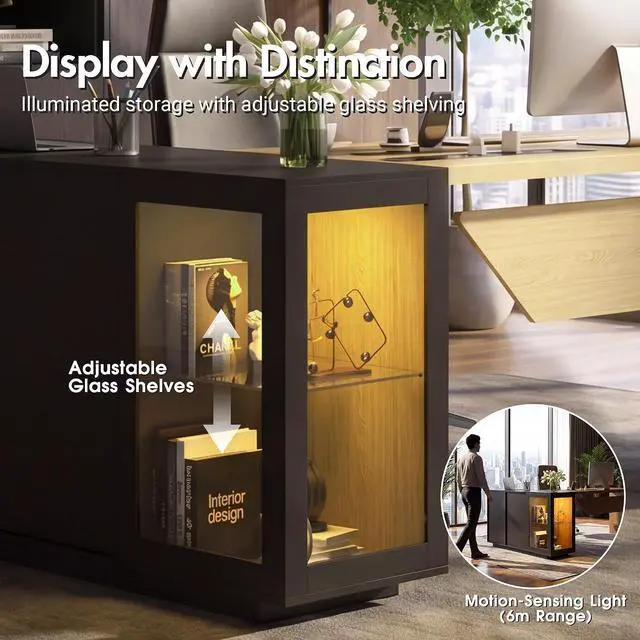 Alt view image 6 of 7 - 74.4" L-Shaped Executive Desk w/ Power Outlets & Glass Display Cabinet, Large Office Desk w/ 3 Drawers & File Cabinet, Corner Computer Desk Business Workstation for Home Office (Black + Light Wood)