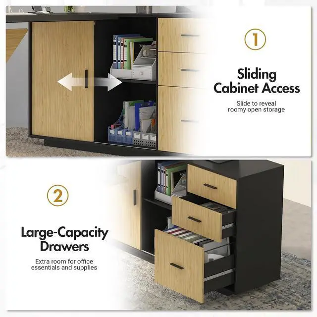 Alt view image 7 of 7 - 74.4" L-Shaped Executive Desk w/ Power Outlets & Glass Display Cabinet, Large Office Desk w/ 3 Drawers & File Cabinet, Corner Computer Desk Business Workstation for Home Office (Black + Light Wood)