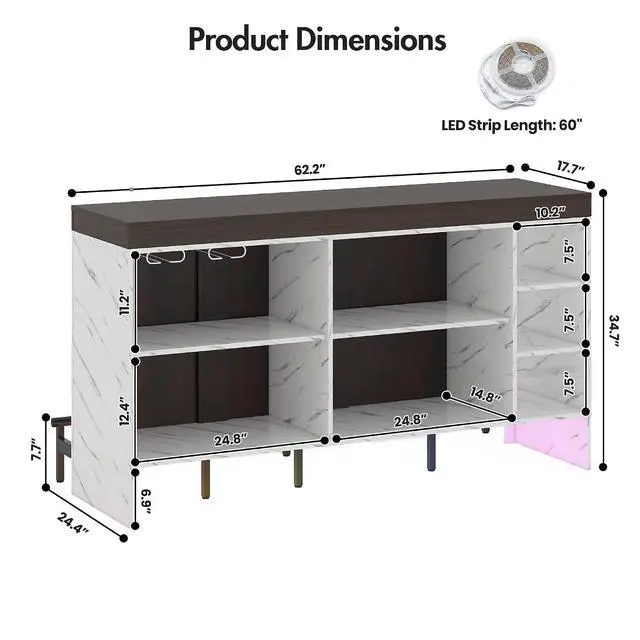 Alt view image 2 of 7 - 62" Sliding Top Expandable Bar Table with LED Lights, Counter Height Home Bar Cabinet with Shelves & Storage, Marble Finish Modern Bar Island for Kitchen, Living Room, Basement