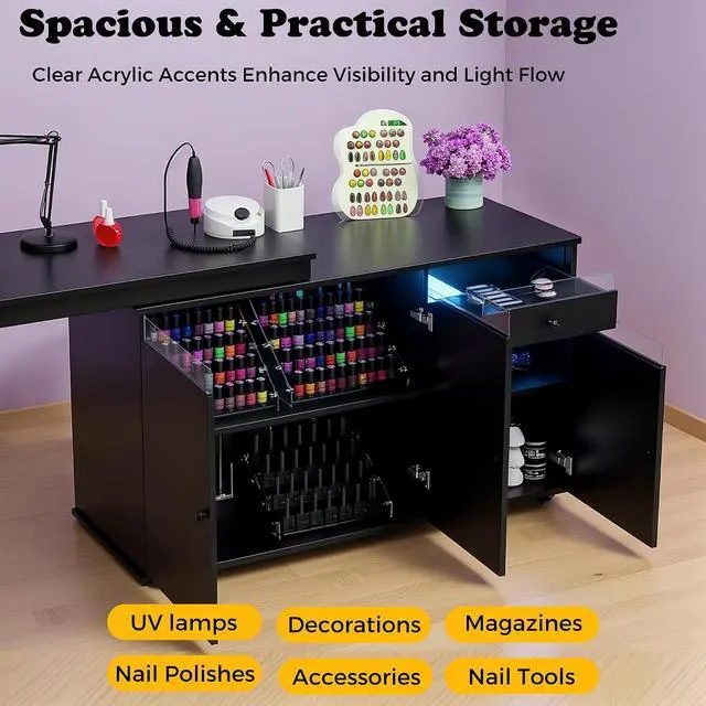 Alt view image 4 of 7 - L-Shaped Manicure Table with Storage Cabinet, Drawer & Shelf, Rotating & Convertible Nail Tech Desk, Modern Nail Salon Table with LED Light, Black