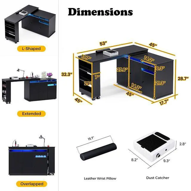 Alt view image 2 of 7 - Manicure Table with Dust Collector & LED Light, L-Shaped Nail Tech Desk Rotating Nail Station with Cabinet & Drawer, Black