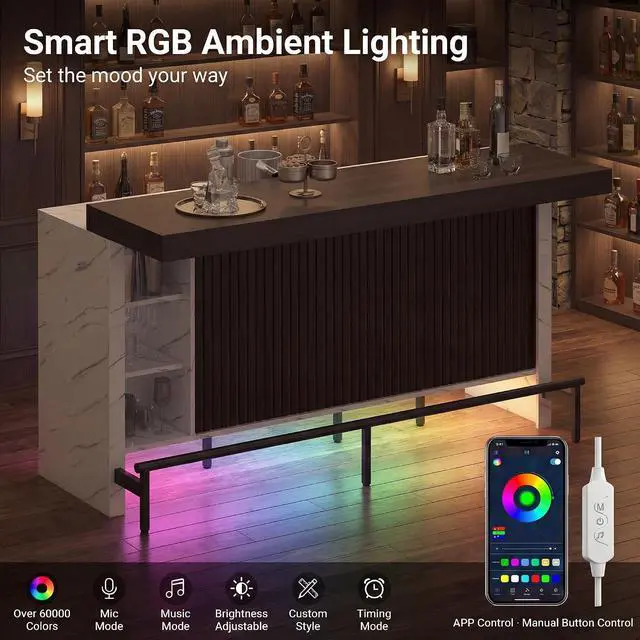 Alt view image 3 of 7 - 62" Sliding Top Expandable Bar Table with LED Lights, Counter Height Home Bar Cabinet with Shelves & Storage, Marble Finish Modern Bar Island for Kitchen, Living Room, Basement