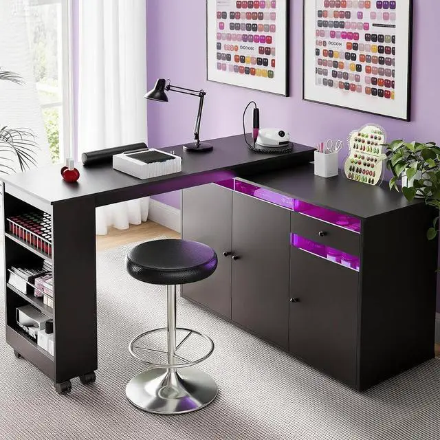 Main image of Manicure Table with Dust Collector & LED Light, L-Shaped Nail Tech Desk Rotating Nail Station with Cabinet & Drawer, Black