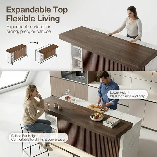 Alt view image 4 of 7 - 62" Sliding Top Expandable Bar Table with LED Lights, Counter Height Home Bar Cabinet with Shelves & Storage, Marble Finish Modern Bar Island for Kitchen, Living Room, Basement