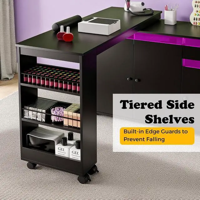 Alt view image 4 of 7 - Manicure Table with Dust Collector & LED Light, L-Shaped Nail Tech Desk Rotating Nail Station with Cabinet & Drawer, Black