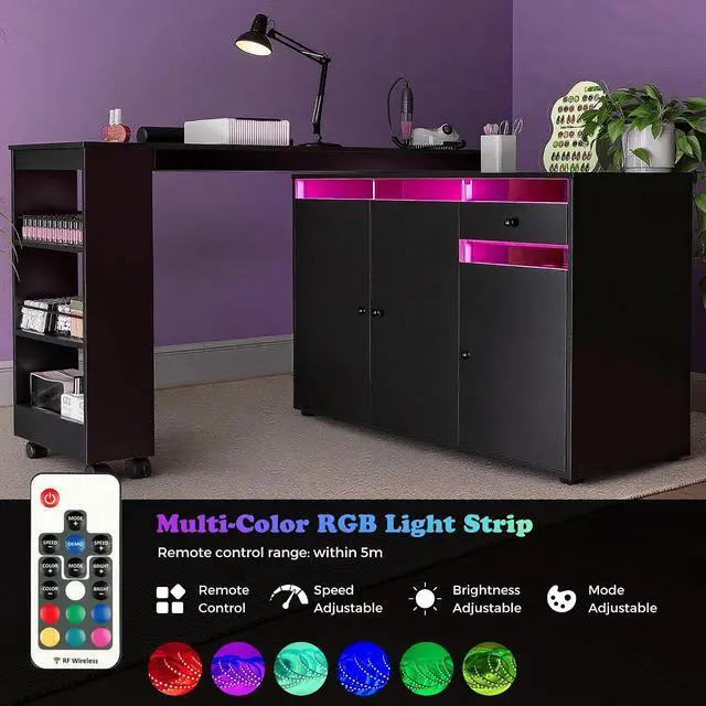 Alt view image 5 of 7 - Manicure Table with Dust Collector & LED Light, L-Shaped Nail Tech Desk Rotating Nail Station with Cabinet & Drawer, Black