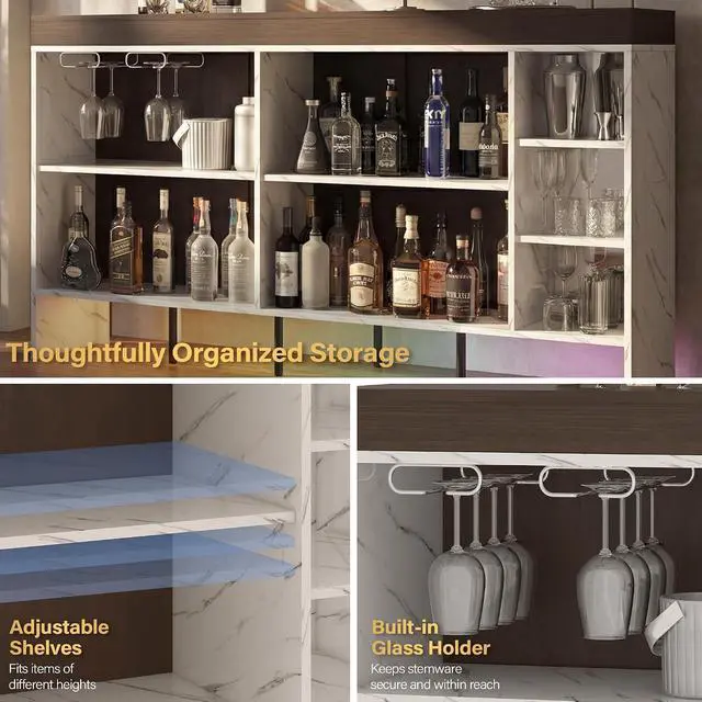 Alt view image 5 of 7 - 62" Sliding Top Expandable Bar Table with LED Lights, Counter Height Home Bar Cabinet with Shelves & Storage, Marble Finish Modern Bar Island for Kitchen, Living Room, Basement