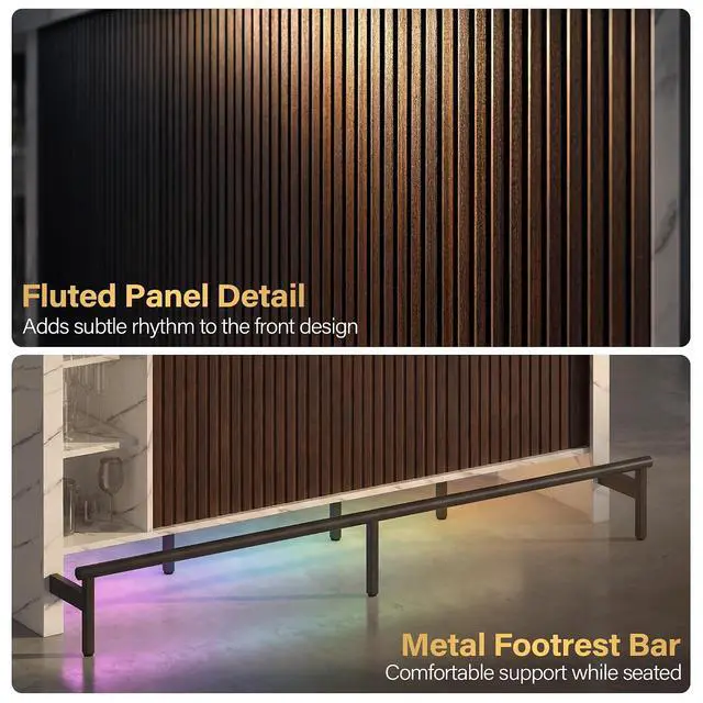 Alt view image 6 of 7 - 62" Sliding Top Expandable Bar Table with LED Lights, Counter Height Home Bar Cabinet with Shelves & Storage, Marble Finish Modern Bar Island for Kitchen, Living Room, Basement
