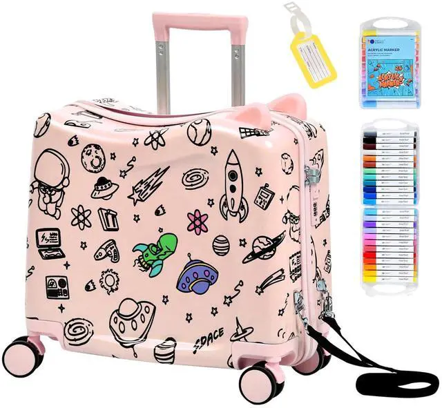 Main image of Kids Ride-On Suitcase with Cute Ears, 20" Carry-On Luggage with TSA Lock | DIY Coloring Design, 4 Spinner Wheels, Pull Rope, Foot Pedal, Lightweight & Durable Shell, Stable Ride Design