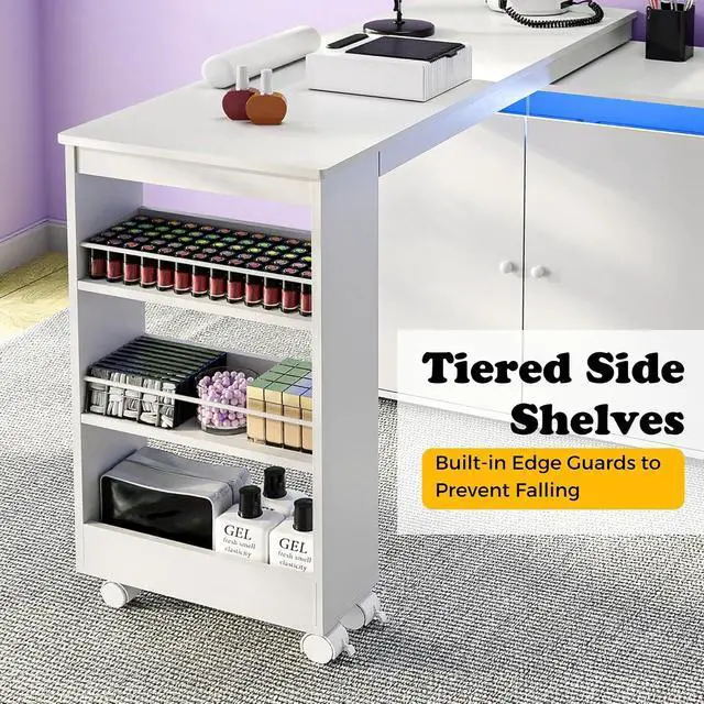 Alt view image 3 of 7 - L-Shaped Manicure Table with Dust Collector, Nail Tech Desk with Storage Cabinet, Drawer, Rotating & Convertible Nail Workstation with LED Light, White