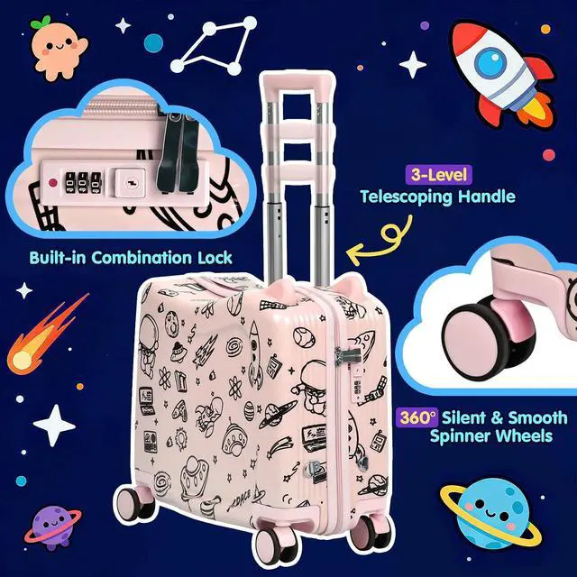 Alt view image 2 of 7 - Kids Ride-On Suitcase with Cute Ears, 20" Carry-On Luggage with TSA Lock | DIY Coloring Design, 4 Spinner Wheels, Pull Rope, Foot Pedal, Lightweight & Durable Shell, Stable Ride Design