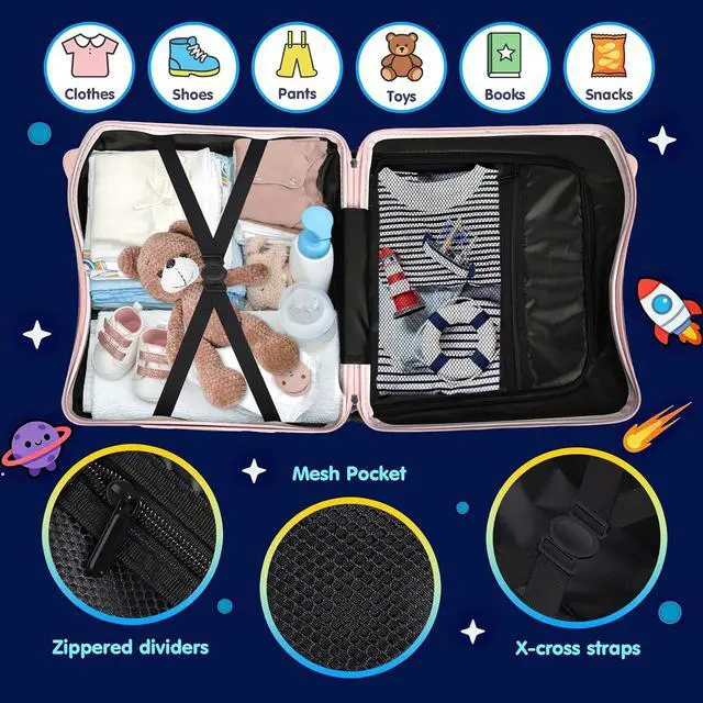 Alt view image 4 of 7 - Kids Ride-On Suitcase with Cute Ears, 20" Carry-On Luggage with TSA Lock | DIY Coloring Design, 4 Spinner Wheels, Pull Rope, Foot Pedal, Lightweight & Durable Shell, Stable Ride Design