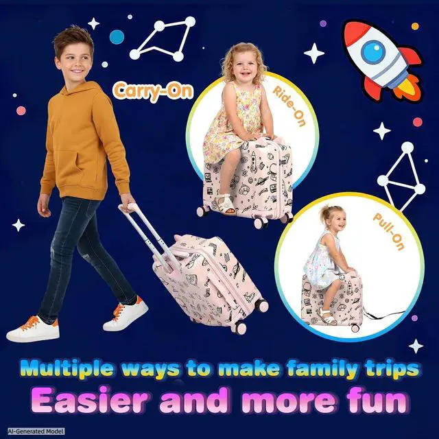 Alt view image 3 of 7 - Kids Ride-On Suitcase with Cute Ears, 20" Carry-On Luggage with TSA Lock | DIY Coloring Design, 4 Spinner Wheels, Pull Rope, Foot Pedal, Lightweight & Durable Shell, Stable Ride Design