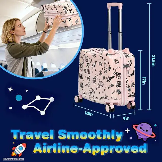 Alt view image 6 of 7 - Kids Ride-On Suitcase with Cute Ears, 20" Carry-On Luggage with TSA Lock | DIY Coloring Design, 4 Spinner Wheels, Pull Rope, Foot Pedal, Lightweight & Durable Shell, Stable Ride Design