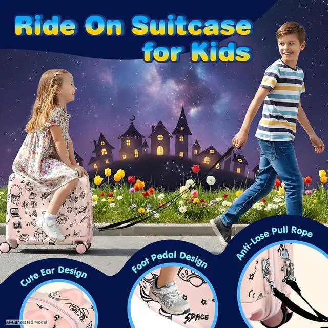Alt view image 7 of 7 - Kids Ride-On Suitcase with Cute Ears, 20" Carry-On Luggage with TSA Lock | DIY Coloring Design, 4 Spinner Wheels, Pull Rope, Foot Pedal, Lightweight & Durable Shell, Stable Ride Design