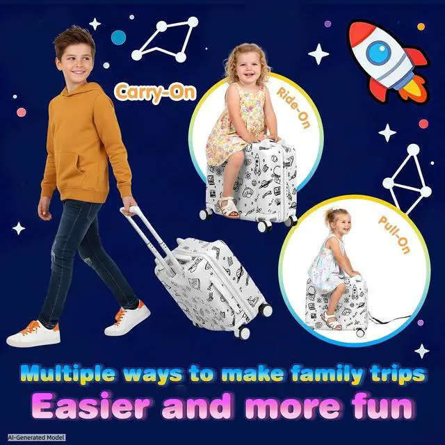 Alt view image 3 of 7 - Kids Ride-On Suitcase with Cute Ears, 20" Carry-On Luggage with TSA Lock | DIY Coloring Design, 4 Spinner Wheels, Pull Rope, Foot Pedal, Lightweight & Durable Shell, Stable Ride Design