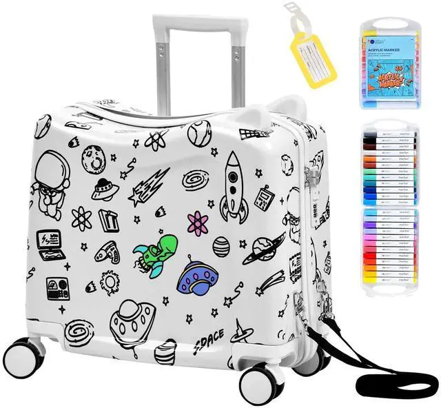 Main image of Kids Ride-On Suitcase with Cute Ears, 20" Carry-On Luggage with TSA Lock | DIY Coloring Design, 4 Spinner Wheels, Pull Rope, Foot Pedal, Lightweight & Durable Shell, Stable Ride Design