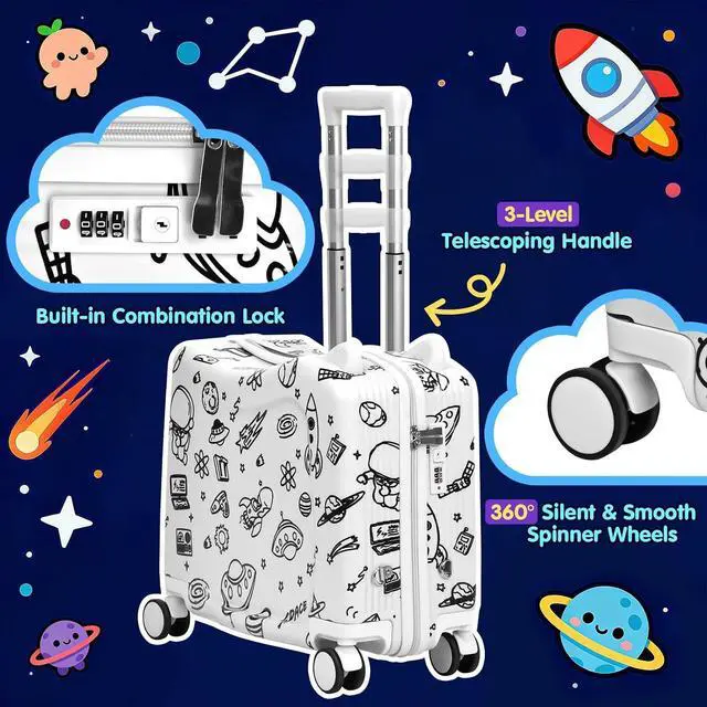 Alt view image 2 of 7 - Kids Ride-On Suitcase with Cute Ears, 20" Carry-On Luggage with TSA Lock | DIY Coloring Design, 4 Spinner Wheels, Pull Rope, Foot Pedal, Lightweight & Durable Shell, Stable Ride Design
