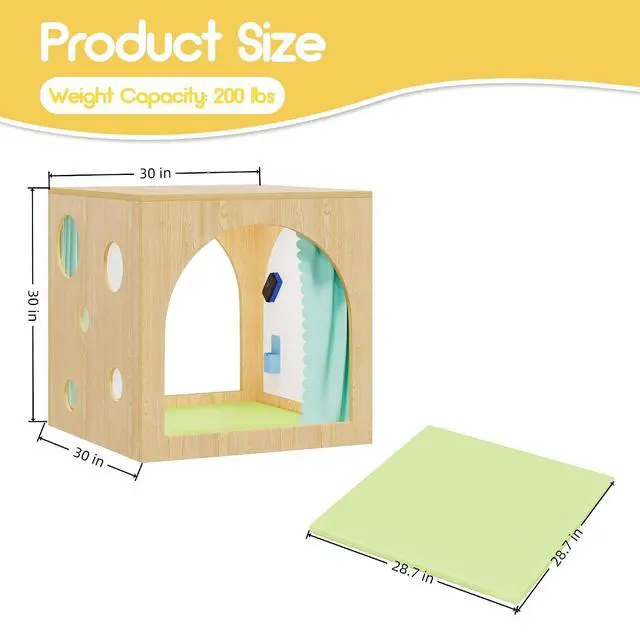 Alt view image 3 of 7 - Kids Porthole Cube Cozy Corner, Wooden Montessori Playhouse with Curtain & Soft Cushion, Quiet Reading Nook for Preschool & Daycare (Green, 30-inch)