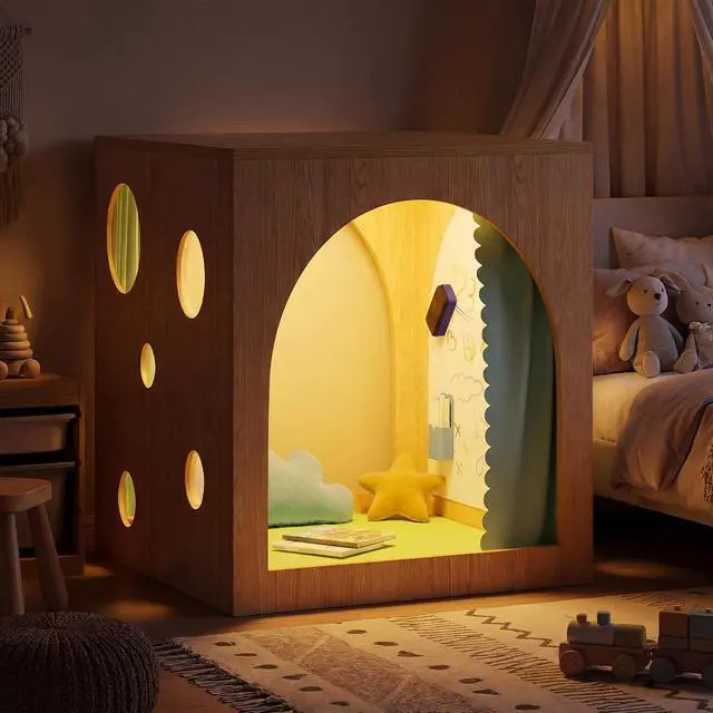 Alt view image 4 of 7 - Kids Porthole Cube Cozy Corner, Wooden Montessori Playhouse with Curtain & Soft Cushion, Quiet Reading Nook for Preschool & Daycare (Green, 30-inch)