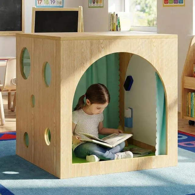 Alt view image 5 of 7 - Kids Porthole Cube Cozy Corner, Wooden Montessori Playhouse with Curtain & Soft Cushion, Quiet Reading Nook for Preschool & Daycare (Green, 30-inch)