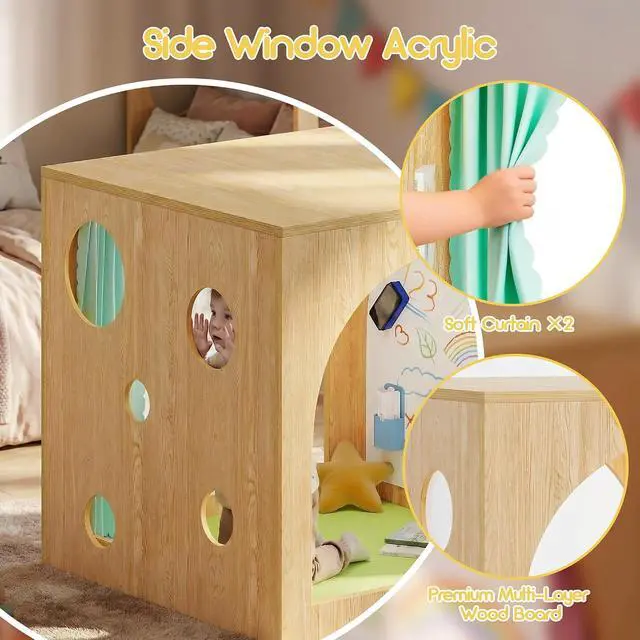 Alt view image 6 of 7 - Kids Porthole Cube Cozy Corner, Wooden Montessori Playhouse with Curtain & Soft Cushion, Quiet Reading Nook for Preschool & Daycare (Green, 30-inch)