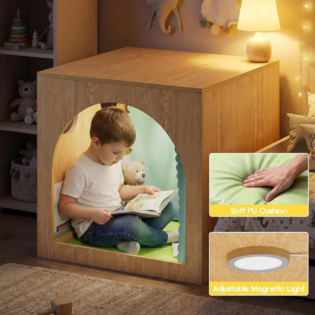 Alt view image 7 of 7 - Kids Porthole Cube Cozy Corner, Wooden Montessori Playhouse with Curtain & Soft Cushion, Quiet Reading Nook for Preschool & Daycare (Green, 30-inch)