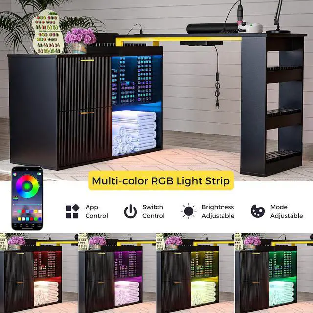 Alt view image 2 of 7 - Manicure Table with LED Light, L-Shaped Nail Tech Table w/ Dust Collector & Power Outlets, Corner Nail Station Length Adjustable Nail Desk w/ Sliding Cabinet Door for Home Spa Beauty Salon, Black