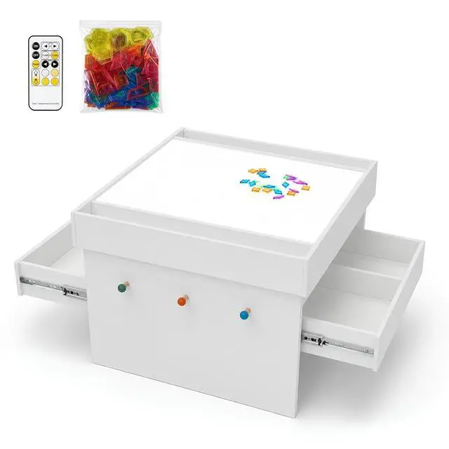 Alt view image 3 of 7 - Kids Light Box, LED Sensory Activity Table w/ 2 Drawers & 140 Transparent Blocks, RGB Color Changing Play Desk w/ Remote Control, Montessori Learning Furniture for Preschool Classroom Playroom, White
