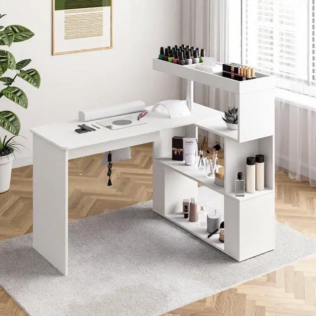 Alt view image 2 of 7 - Manicure Table, L-Shaped Nail Tech Desk with Dust Collector, Reversible Rotating Table & Storage Shelf, Acetone Resistant Beauty Salon Station, White
