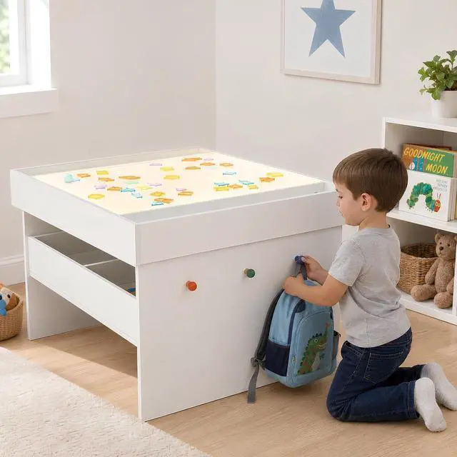 Alt view image 4 of 7 - Kids Light Box, LED Sensory Activity Table w/ 2 Drawers & 140 Transparent Blocks, RGB Color Changing Play Desk w/ Remote Control, Montessori Learning Furniture for Preschool Classroom Playroom, White