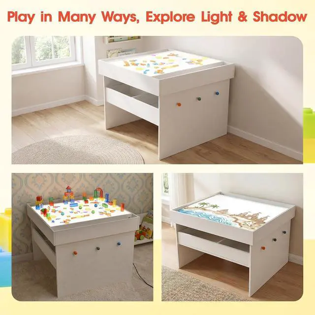 Alt view image 5 of 7 - Kids Light Box, LED Sensory Activity Table w/ 2 Drawers & 140 Transparent Blocks, RGB Color Changing Play Desk w/ Remote Control, Montessori Learning Furniture for Preschool Classroom Playroom, White