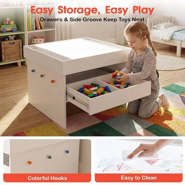 Alt view image 7 of 7 - Kids Light Box, LED Sensory Activity Table w/ 2 Drawers & 140 Transparent Blocks, RGB Color Changing Play Desk w/ Remote Control, Montessori Learning Furniture for Preschool Classroom Playroom, White